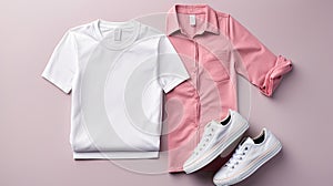 T-shirt, blue jeans, white leather sneakers, fashionable pink blazer jacket isolated on gray background. Clean Branding clothes.
