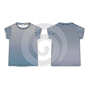 T-shirt in blue stripes fabric isolated on white background. Front and back technical sketch