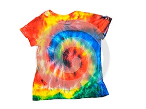 T-shirt in a bright tie dye style isolated on a white background. Flat lay. Pastel color.