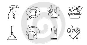 T-shirt, Clean t-shirt and Washing hands icons set. Shampoo, Clean bubbles and Hand washing signs. Vector