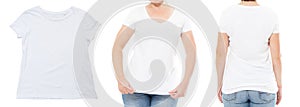 T-shirt close up design, people concept - closeup of young woman in blank white shirt, front isolated. T shirt Mock up template