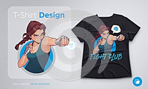 T-shirt design with angry boxing girl with boxing bandages. Anime style illustration photo