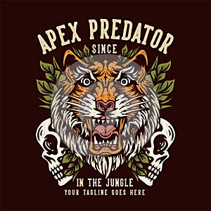 t shirt design apex predator since in the jungle with tiger head and skull with dark brown background vintage