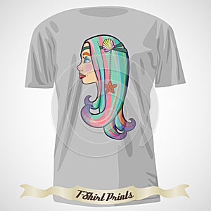 T-shirt design with cartoon of a girl with colorful hair