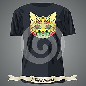 T-shirt design with Colorful Head of Abstract Cat in linear graphic design