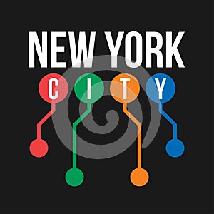 T-shirt design in the concept of New York City subway. Cool typography with abstract New York subway map for shirt print. T-shirt