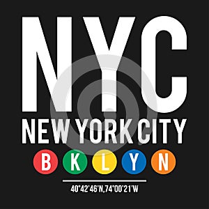 T-shirt design in the concept of New York City subway. Cool typography with borough Brooklyn for shirt print. T-shirt graphic in u