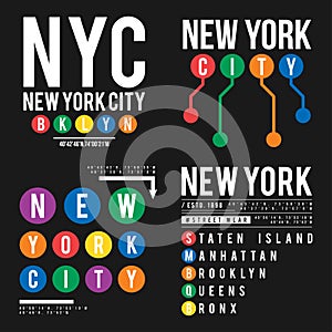 T-shirt design in the concept of New York City subway. Cool typography with boroughs of New York for shirt print. Set of t-shirt g