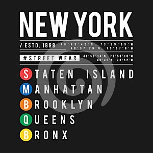T-shirt design in the concept of New York City subway. Cool typography with boroughs of New York for shirt print. T-shirt graphic