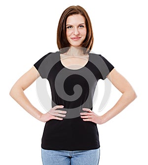 T-shirt design concept - smiling woman in blank black t-shirt isolated