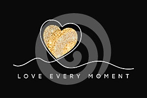 T-shirt design with glitter heart. Slogan love every moment, typography graphics for tee shirt with glittering shine texture