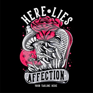 T shirt design here lies affection with skeleton hand rise from grave grabbing rose flower with black background vintage