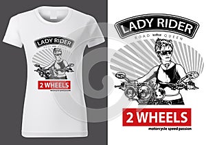 T-shirt Design with Motorcyclist Woman and Inscriptions