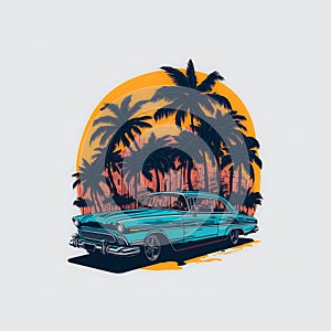 t-shirt design old car on sunset with palm trees