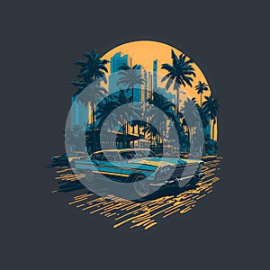 t-shirt design old retro car on sunset with palm trees and scyscrapers