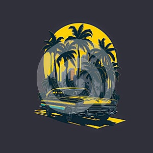 t-shirt design old retro car on sunset with palm trees and scyscrapers