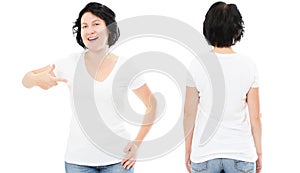 T-shirt design and people concept - close up of beautiful brunette woman in blank white t-shirt, shirt front and rear isolated.