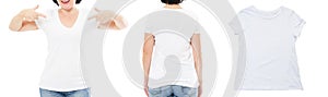 T shirt design and people concept - close up of middle age woman in blank white t-shirt, tshirt front and rear isolated. Mock up.