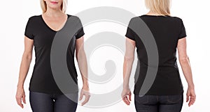 T-shirt design and people concept - close up of woman in blank black t-shirt, shirt front and rear isolated. Mock up.