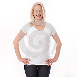 T-shirt design and people concept - close up of woman in blank white t-shirt, shirt front isolated. Mock up.