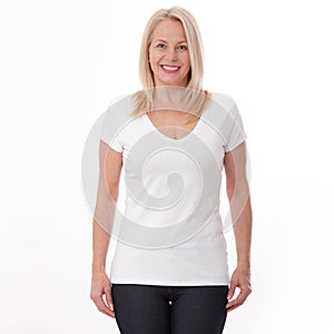 T-shirt design and people concept - close up of woman in blank white t-shirt, shirt front isolated. Mock up.