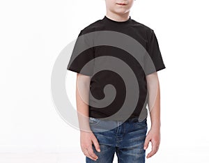 T-shirt design and people concept close up of young man in blank black t-shirt, shirt front and rear isolated.