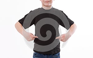 T-shirt design and people concept close up of young man in blank black t-shirt, shirt front and rear isolated.