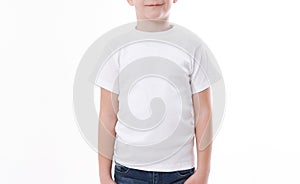 T-shirt design and people concept - close up of young man in blank white t-shirt, shirt front and rear isolated.