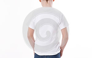 T-shirt design and people concept - close up of young man in blank white t-shirt, shirt front and rear isolated.