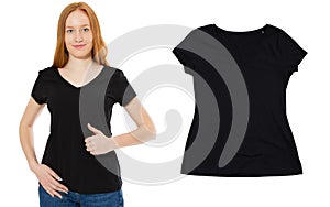 T-shirt design and people concept - close up of young red hair woman in blank black t-shirt, shirt front and rear isolated. T