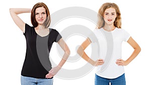 T-shirt design and people concept - close up of young two woman in shirt blank black and white tshirt isolated. Girl t shirt set