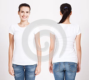 T-shirt design and people concept - close up of young woman in blank white t-shirt. Clean shirt mock up for design set.