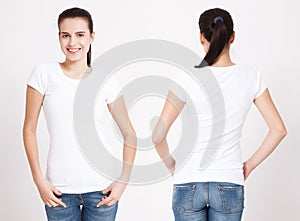 T-shirt design and people concept - close up of young woman in blank white t-shirt. Clean shirt mock up for design set.