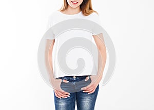 T-shirt design, people concept - closeup of young woman in white shirt, front isolated. Mock up template for design print. Copy sp