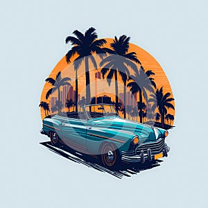 t-shirt design retro car on sunset with palm trees