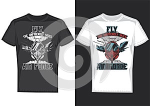 T-shirt design samples with illustration of air forces on dusty background
