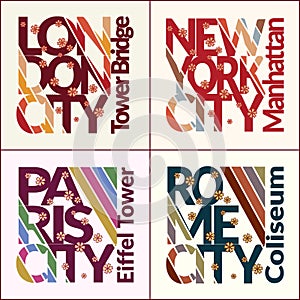 T-shirt design set. NYC, London, Rome, Paris