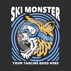 t shirt design ski monster t shirt design snowing wild with tiger head wearing ski goggles and gray background