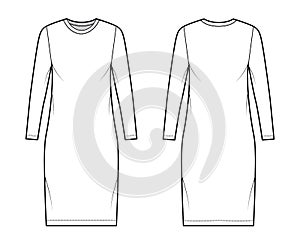 T-shirt dress technical fashion illustration with crew neck, long sleeves, knee length, oversized, Pencil fullness. Flat