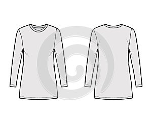 T-shirt dress technical fashion illustration with crew neck, long sleeves, mini length, oversized, Pencil fullness. Flat