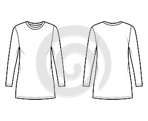 T-shirt dress technical fashion illustration with crew neck, long sleeves, mini length, oversized, Pencil fullness. Flat