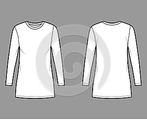 T-shirt dress technical fashion illustration with crew neck, long sleeves, mini length, oversized, Pencil fullness. Flat