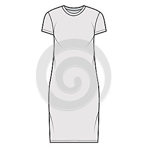 T-shirt dress technical fashion illustration with crew neck, short sleeves, knee length, oversized, Pencil fullness.