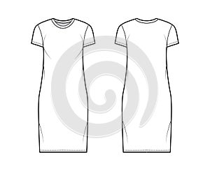 T-shirt dress technical fashion illustration with crew neck, short sleeves, knee length, oversized, Pencil fullness.