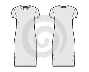 T-shirt dress technical fashion illustration with crew neck, short sleeves, knee length, oversized, Pencil fullness.