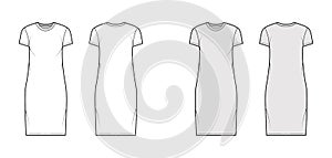 T-shirt dress technical fashion illustration with crew neck, short sleeves, knee length, oversized, Pencil fullness.