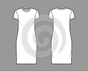 T-shirt dress technical fashion illustration with crew neck, short sleeves, knee length, oversized, Pencil fullness.