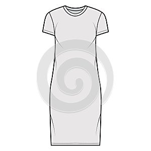 T-shirt dress technical fashion illustration with crew neck, short sleeves, knee length, oversized, Pencil fullness. photo