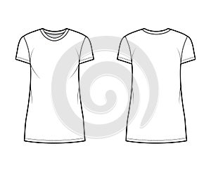 T-shirt dress technical fashion illustration with crew neck, short sleeves, mini length, oversized, Pencil fullness Flat