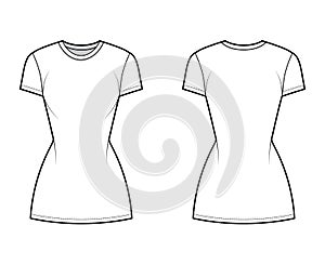 T-shirt dress technical fashion illustration with crew neck, short sleeves, mini length, slim fit, Pencil fullness. Flat